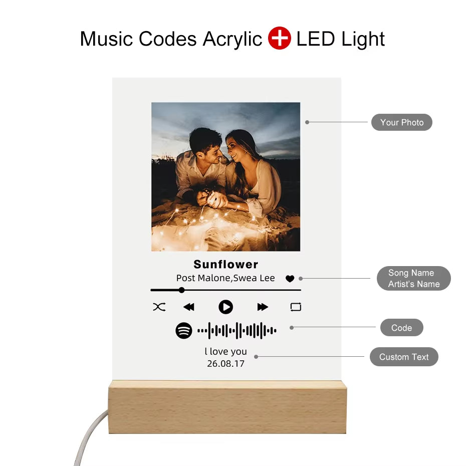 Custom Personal Photo Acrylic Plaque Spotify Music Codes Song Album Cover LED Light Lamp for Couples Birthday Christmas Gifts